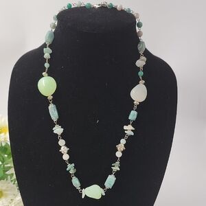 Jade & Quartz 23" Beaded Necklace W/ Silver Beads